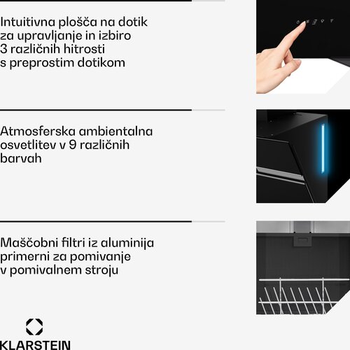 Klarstein Alina napa za odvod dima, 60 cm, Pametna, 600 m&amp;sup3;/h, Tiha, EEK A Slike