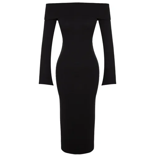 Trendyol Black Fitted/Sticky Carmen Collar Corsair Soft-Texture Midi, Stretch Knit Dress