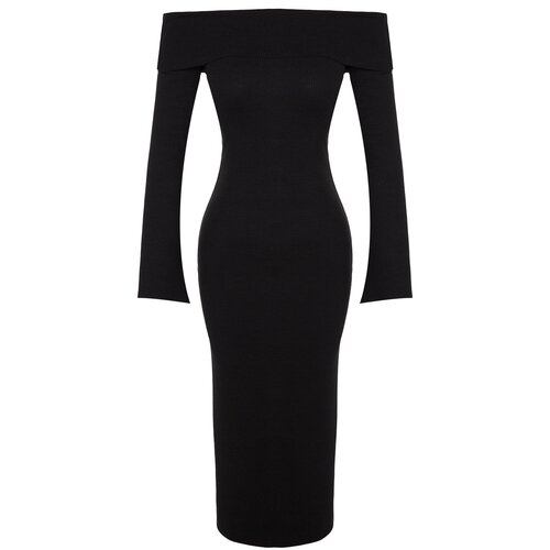 Trendyol Black Fitted/Sticky Carmen Collar Corsair Soft-Texture Midi, Stretch Knit Dress Slike