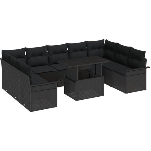 VidaXL 10-delna vrtna sofa garnitura z blazinami Črna Poli ratan, 2-sedežna vrtna sofa z shrambo in blazinami Črna Poli ratan Slike