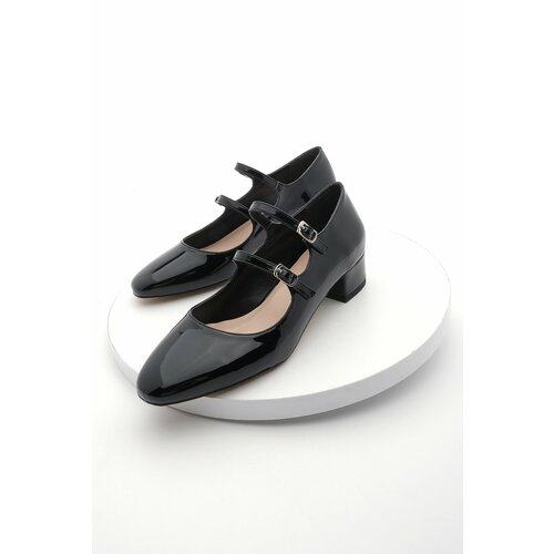 Marjin Women's Double Strap Classic Heeled Shoes Alsef Black Patent Leather Cene