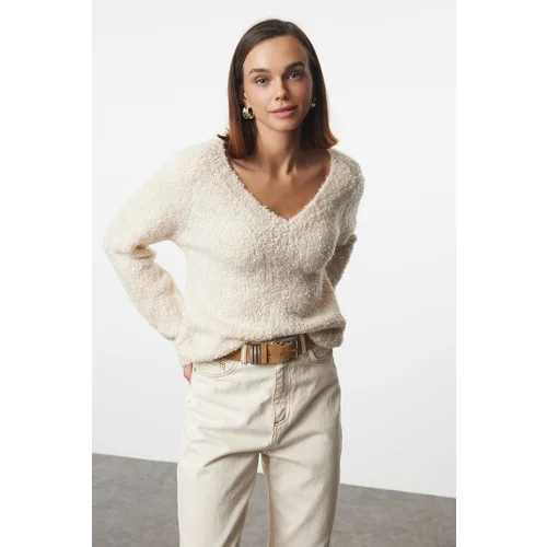 Trendyol Stone Wide Pattern Deep V Neck Knitwear Sweater