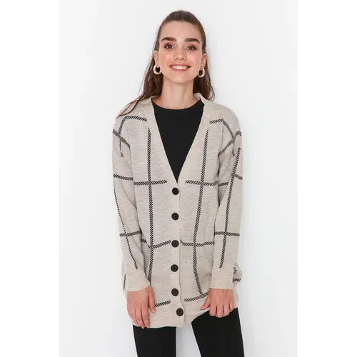 Trendyol Ecru Checkered Knitwear Cardigan