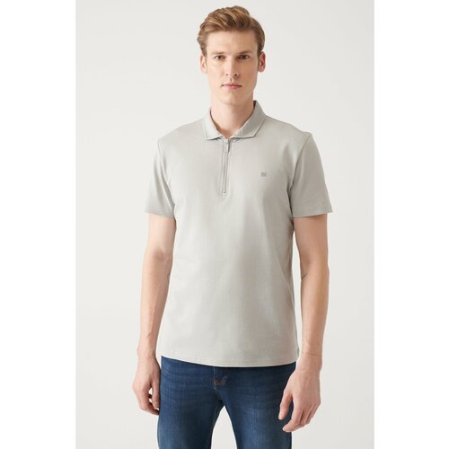 Avva Men's Gray 100% Cotton Zippered Regular Fit Polo Neck T-shirt Slike