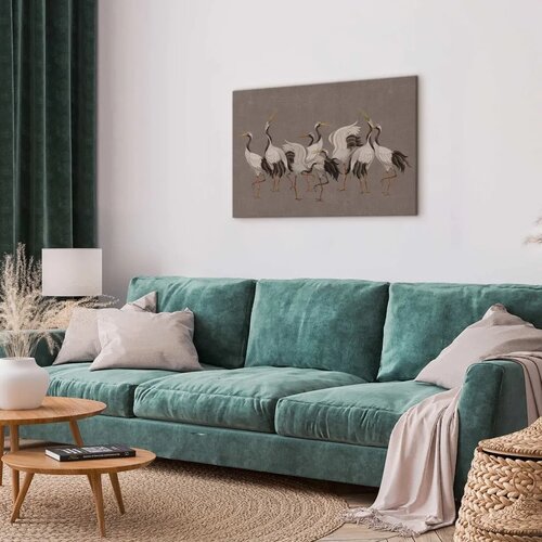 Slika - Crane dance &amp;ndash; bright silhouettes of birds against a warm grey background with texture 90x60 Standard Slike
