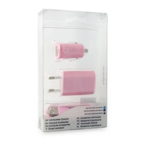 KONKIS 3v1 microUSB Combo (hišni in avtopolnilec + podatkovni kabel) pink