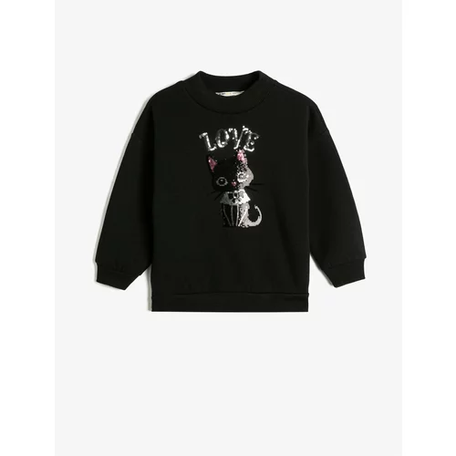 Koton The Cat Embroidered Sequins Sweatshirt with Rayon Crew Neck.