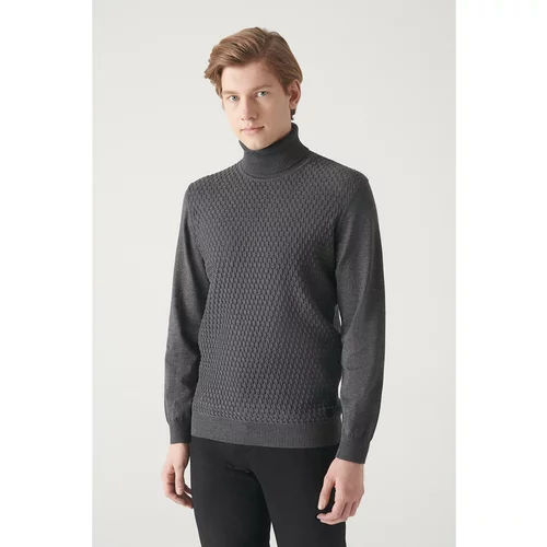 Avva Men's Anthracite Full Turtleneck Front Textured Cotton Standard Fit Regular Cut Knitwear Sweater