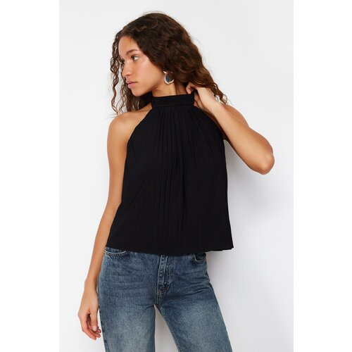 Trendyol Black Pleat Barter Neck Regular/Regular Fit Knitted Blouse Slike