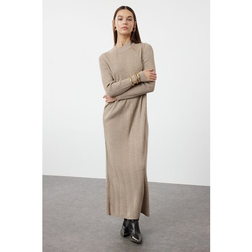 Trendyol Mink Self-Patterned Half Turtleneck Knitwear Zigzag Textured Dress Slike