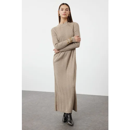 Trendyol Mink Self-Patterned Half Turtleneck Knitwear Zigzag Textured Dress