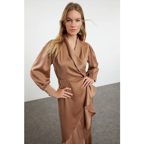 Trendyol Camel Skirt Ruffled Satin Woven Evening Dress