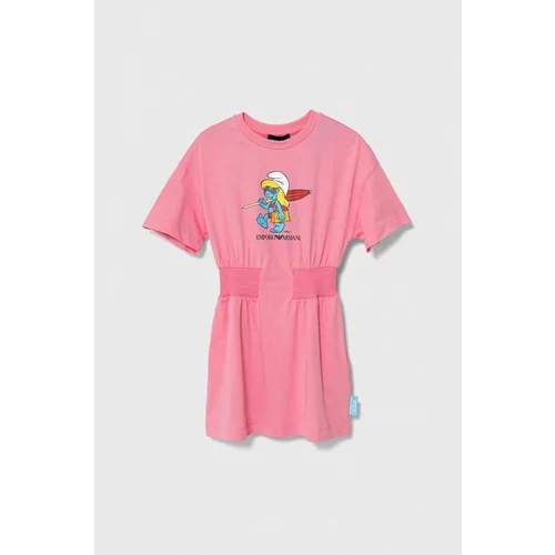 Emporio Armani Dječja pamučna haljina x The Smurfs boja: ružičasta, mini, širi se prema dolje