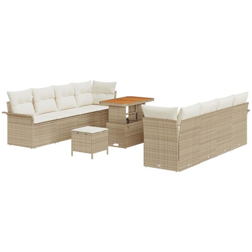 VidaXL 11-delni vrtni kavč set z blazinami Bež Poly Rattan Akacija, 2-sedežni vrtni kavč s prostorom za shranjevanje in blazinami Bež Poly Rattan, 3-delni vrtni jedilni set z blazinami Bež Poly Rattan Akacija Slike