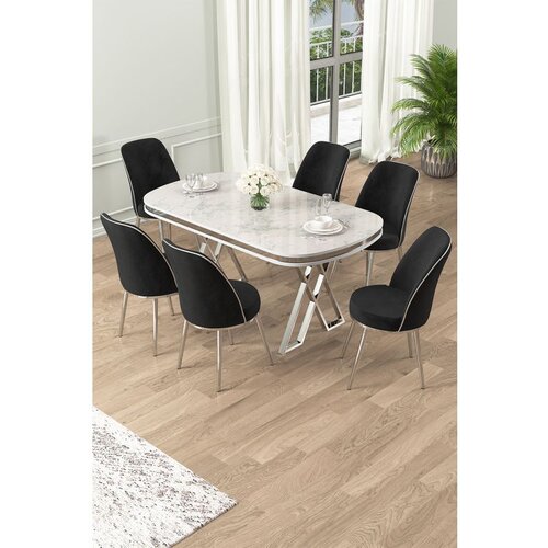 Hanah home Lai - White, Chrome, Black WhiteChromeBlack Dining Table & Chairs Set (7 Pieces) Cene