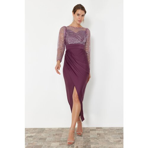 Trendyol Lilac Sequin Tulle Knitted Long Elegant Evening Dress Slike