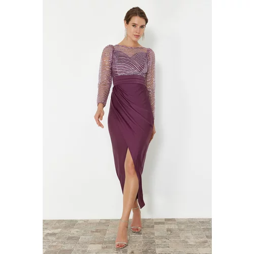 Trendyol Lilac Sequin Tulle Knitted Long Elegant Evening Dress