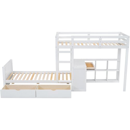 Lumor Pogradna postelja 2x90x200 cm s pisalno mizo, 3 predali, odprto polico, borov in Mdf, bela, (22156765) Cene
