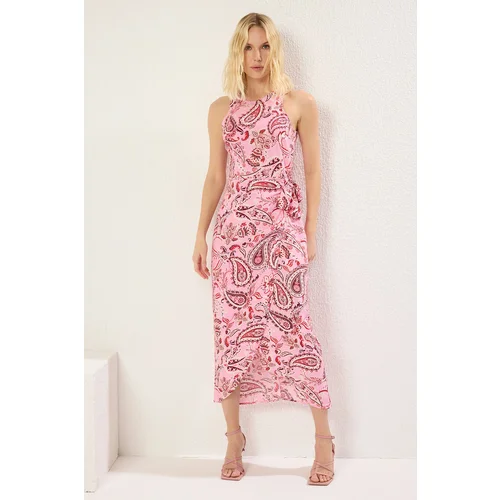 Trendyol Pink Shawl Pattern Midi Woven Dress