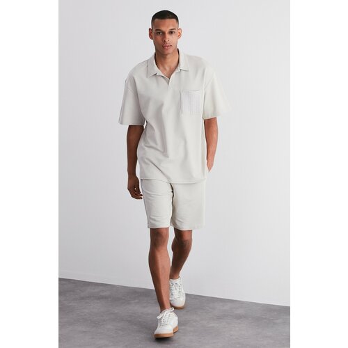 Trendyol Stone Men's Oversize/Wide Fit Limited Edition Knitwear Look Pocket Detailed Polo Neck T-shirt Slike