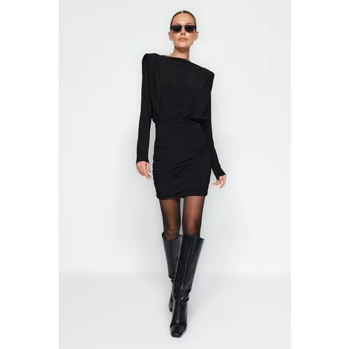 Trendyol Black Waisted Draped Fitted Mini Knitted Dress