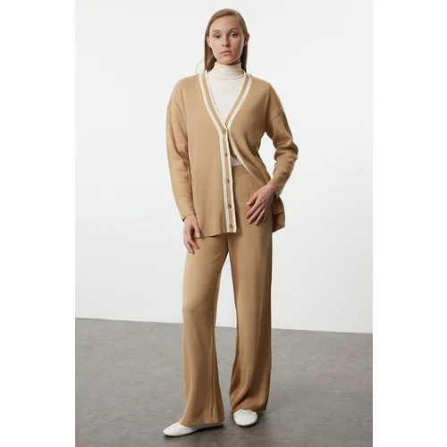  Camel Color Block Knitted Cardigan Trousers Top-Bottom Set