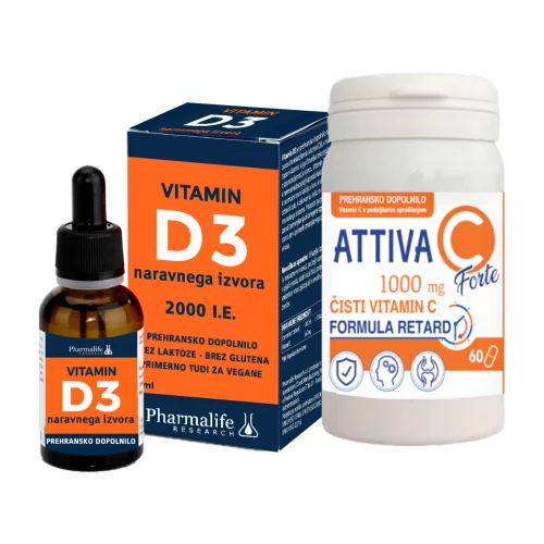  Immunoplus dvojček, Attiva vitamin C Forte 1000 mg + Vitamin D3 2000 I.E.