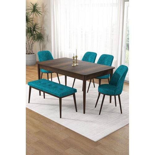 Hanah home trpezarijski set Pir, sto, 4 stolice i klupa, ploča u dekoru drveta Baroque, tirkizna tkanina Babyface Cene