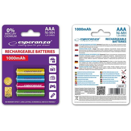 Esperanza PILHAS RECARREG&Aacute;VEIS ​​AAA 1000MAH, PACOTE COM 4 UNIDADES, CORES SORTIDAS., (5000261558) Cene