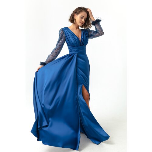 Lafaba Women's Indigo V-Neck Long Evening Dress with a Slit with Jewels on the sleeves. Cene