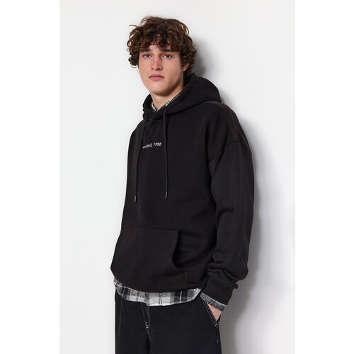 Trendyol Black Men&amp;#039;s Oversize/Wide-Cut Hoodie with Puffy Text and Fleece Interior Sweatshirt. Slike