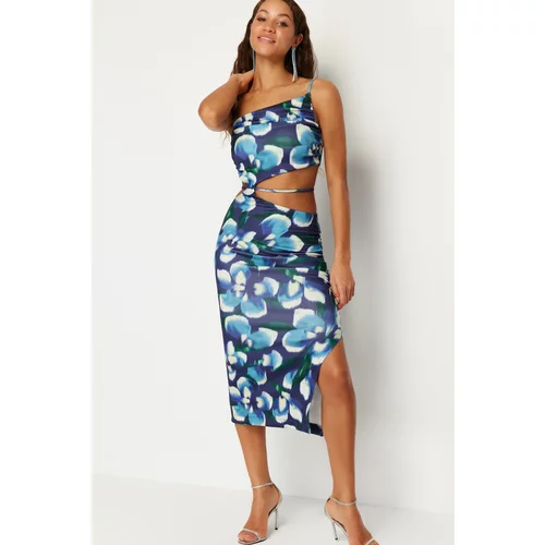Trendyol Blue-Multicolored Floral Patterned Stylish Evening Dress with Gather Detail