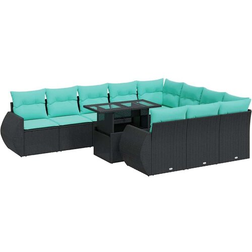  Vrtna garnitura - 11-dijelni set vrtnih sofa poliratan i bagrem s jastucima crni - Crna 1 Slike