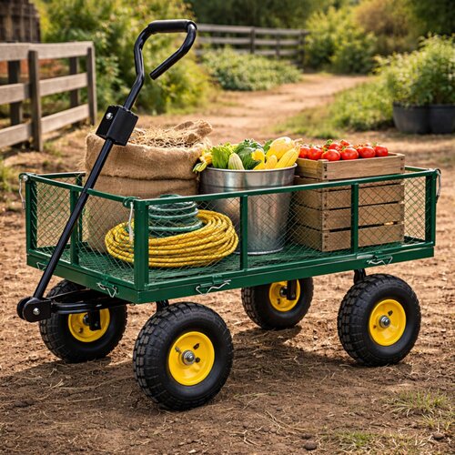 Lean Toys Zložljiv vrtni transportni voziček iz jekla nosilnost 200 kg zelena Slike