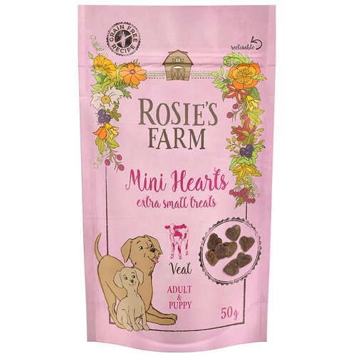 Rosie&amp;#039;s Farm Puppy &amp;amp; Adult &amp;quot;Mini Hearts&amp;quot; teletina - Varčno pakiranje: 5 x 50 g Slike