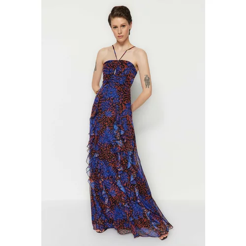 Trendyol Long Evening Dress With Multicolored Woven Lined Chiffon Ruffles