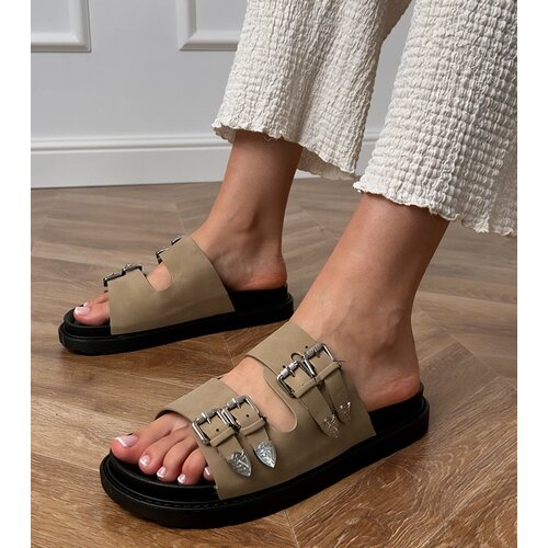Gemre Green women's slides with decorative buckles Fetta Cene