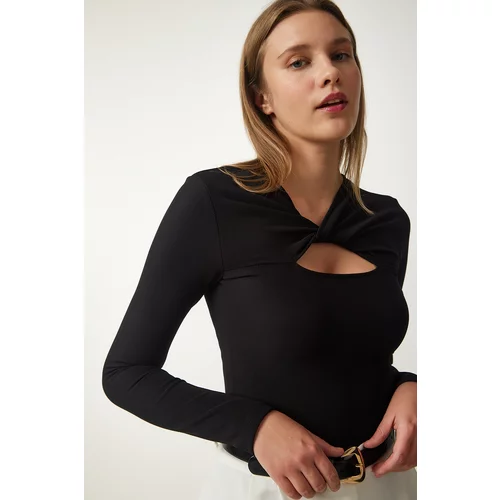 Happiness İstanbul Women's Black Cut Out Detailed Ribbed Knitted Blouse