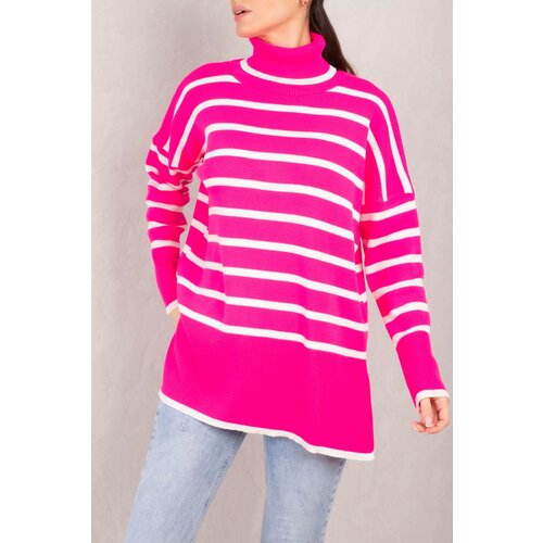 armonika Women's Fuchsia Turtleneck Striped Knitwear Sweater Slike