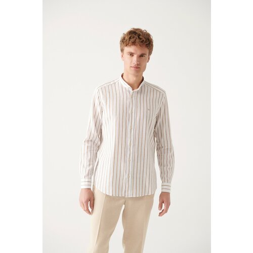 Avva Men's Beige Classic Collar Striped Linen Cotton Slim Fit Slim Fit Shirt Cene