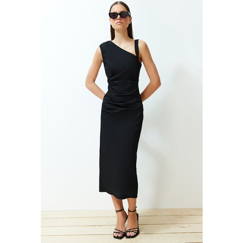 Trendyol black limited edition fitted asymmetric collar detailed woven midi dress Cene