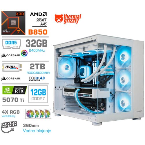 MEGA Računalnik MT S5 R7-9800X3D/RTX5070Ti/32GB-DDR5/2TB/750W/Brez OS/bela RGB + Estetski napajalni kabli [Modra / Bela], (5000357935) Slike