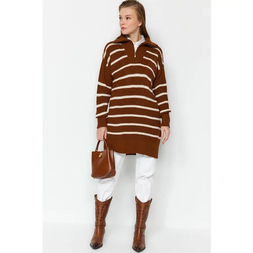 Trendyol Brown Striped Collar Zippered Knitwear Sweater