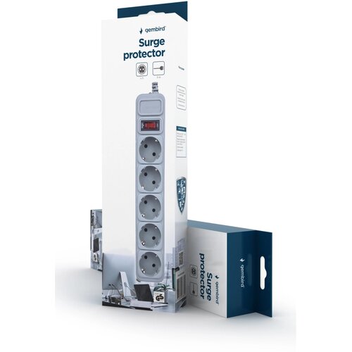 Gembird Surge Protection Power strip, 5 sockets, 3m, 16A Automatic Circuit Breaker, Power Switch, Grey Slike