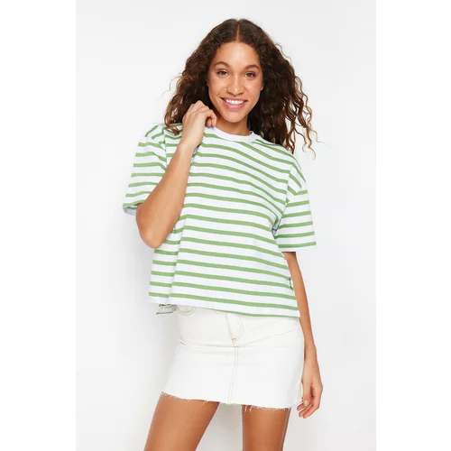 Trendyol Green Striped 100% Cotton Asymmetrical Loose/Relaxed Cut Knitted T-Shirt