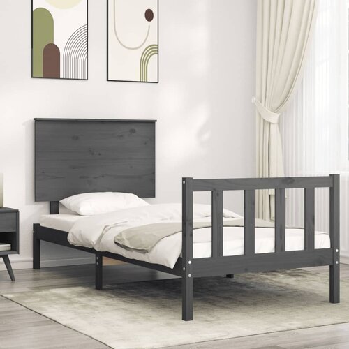 VidaXL Posteljni okvir z vzglavjem siv 90x200 cm trden les Slike