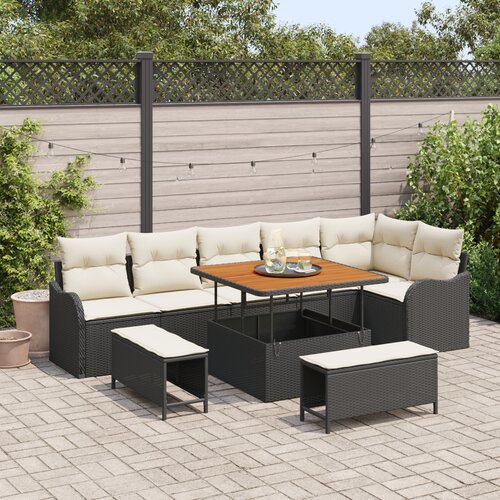 VidaXL 9-delni vrtni sofa set z blazinami Črna poli ratan akacija, 2-sedežna vrtna sofa z blazinami Črna poli ratan, 3-delni vrtni jedilni set z blazinami Črna poli ratan akacija Slike