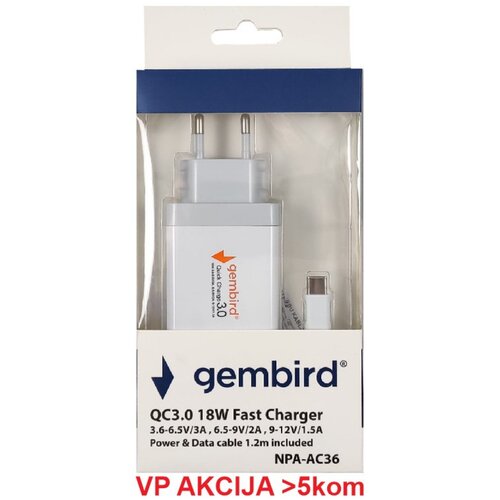  NPA-AC36 ** QC3.0 brzi punjac +Type C USB kabl,18W 3.6-6.5V/3A, 6.5V-9V/2A, 9V-12V/1.5A(383) 38930 Cene