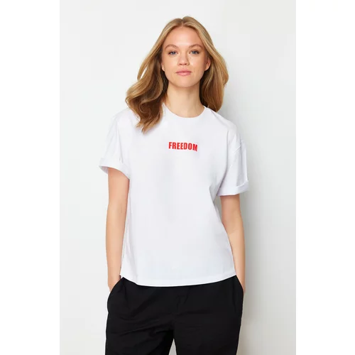 Trendyol White 100% Cotton Slogan Printed Relaxed/Comfortable Fit Crew Neck Knitted T-Shirt