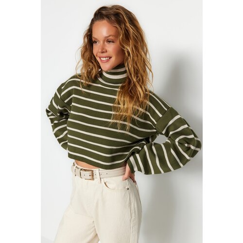 Trendyol Khaki Crop Striped Knitwear Sweater Cene